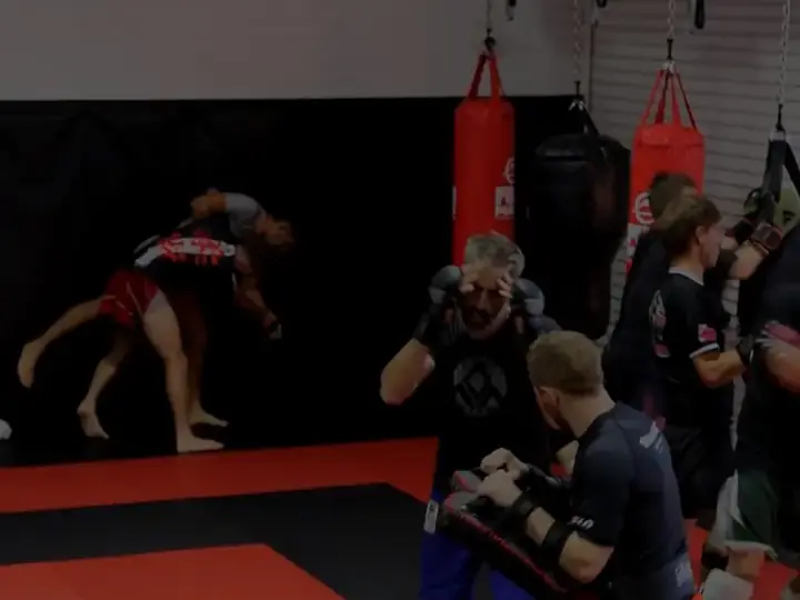 Members holding pads and hitting heavy bags during an MMA and striking class